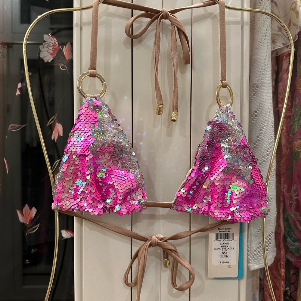 Beach Bunny Pink Sequin Triangle Bikini Top Siren Song Triangle Top Small Pink
